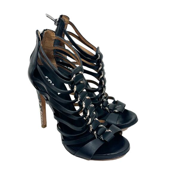 Coach Josey Sandals Heels Size 5 B Black Leather Snake Reptile Print Animal - Picture 1 of 6